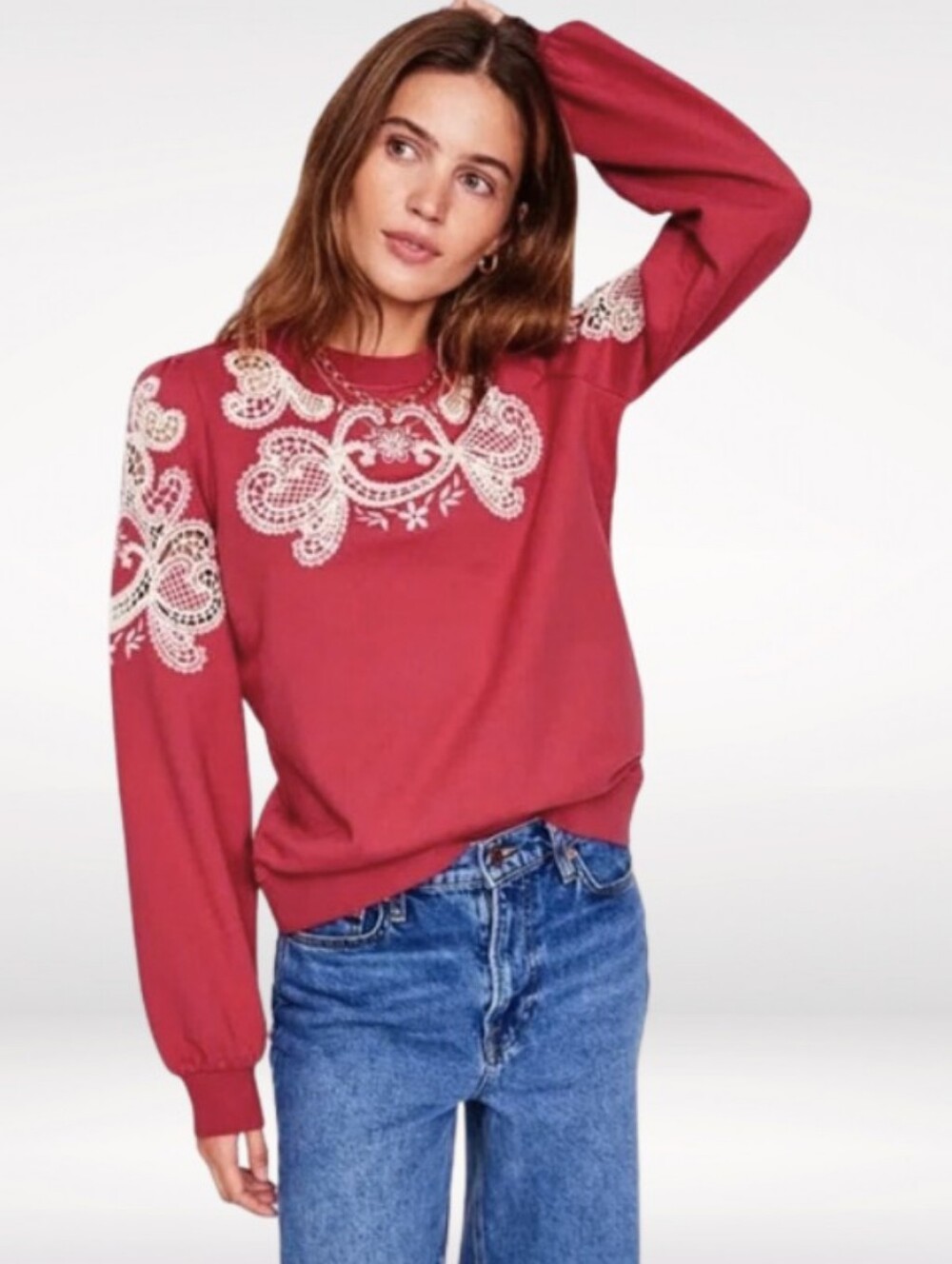 Boden Lace Applique Berry Pink Cotton Sweatshirt Puff Sleeve Cutwork Size S